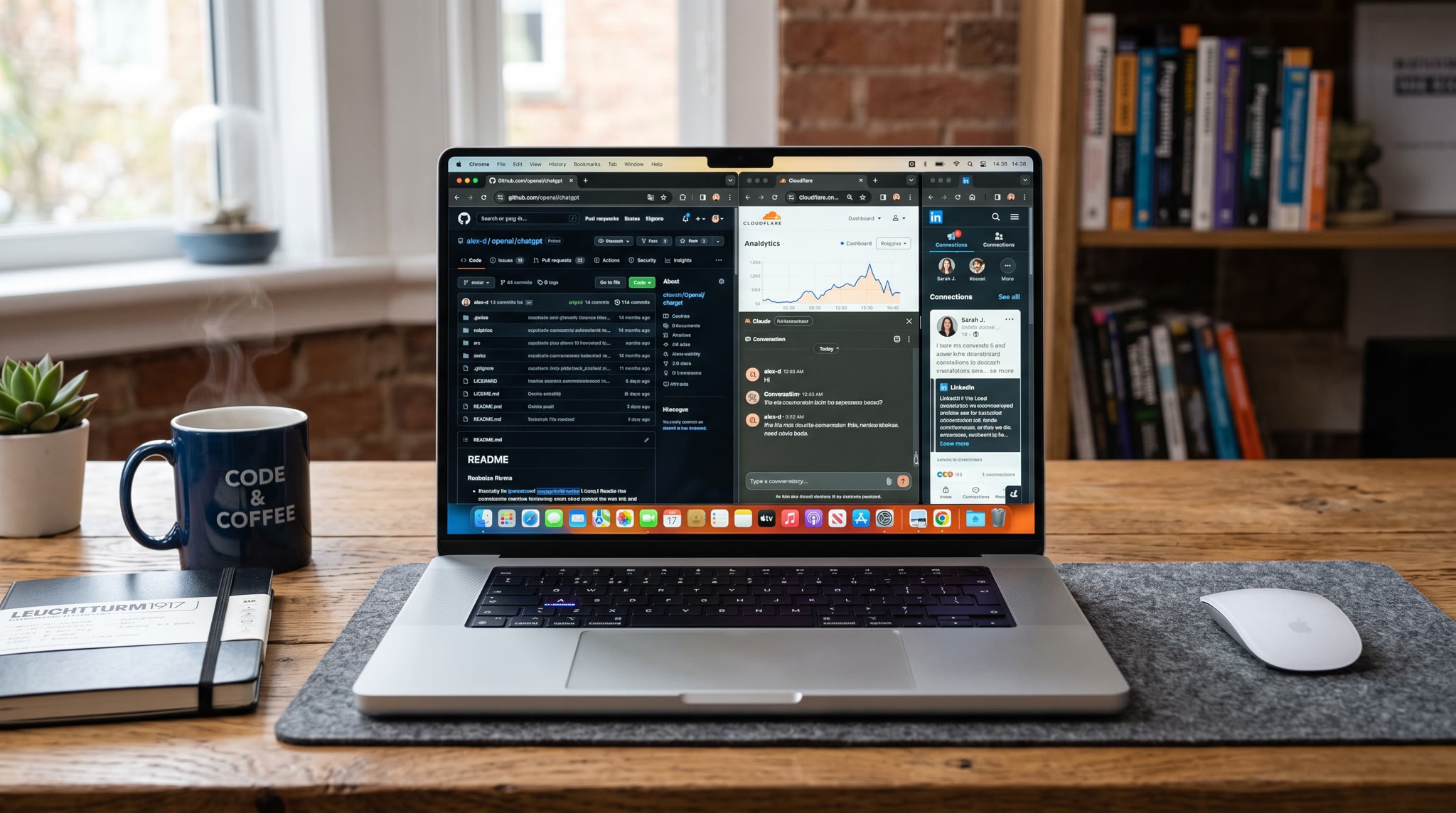 Developer Chrome workspace with GitHub, analytics, AI tools, and project resources open on a MacBook