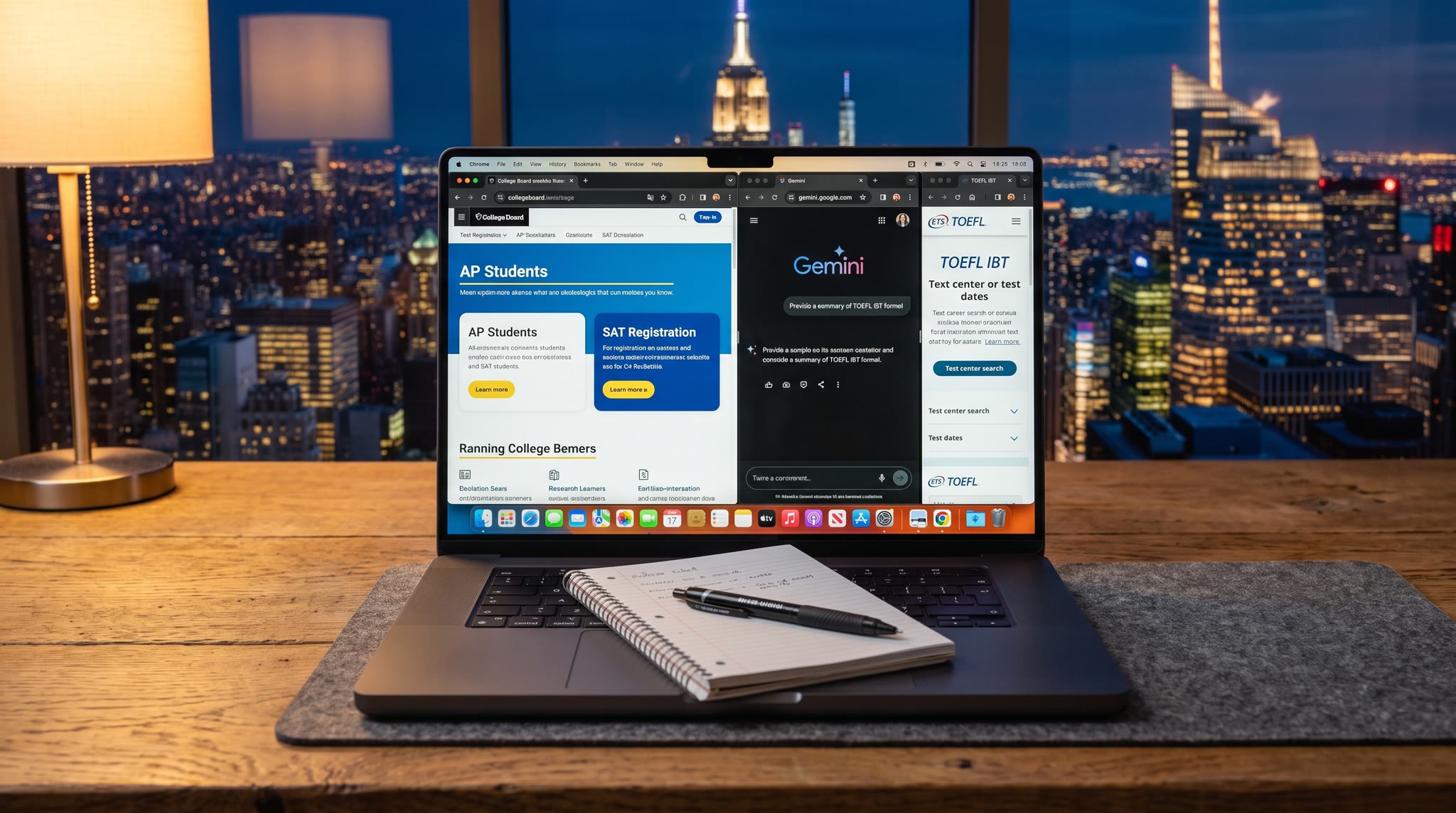 Student Chrome workspace with College Board, Gemini, and TOEFL study resources open on a MacBook