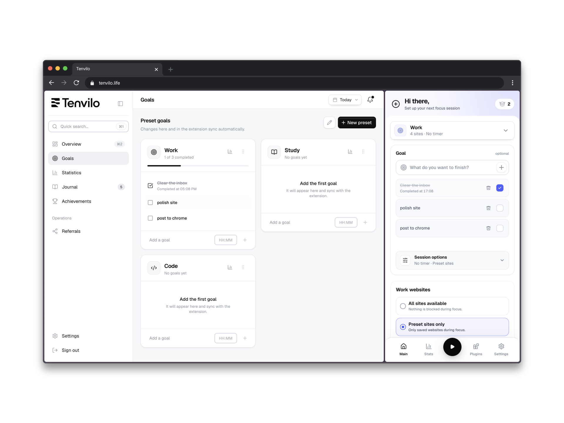 Tenvilo goals and tab launcher interface shown on a MacBook
