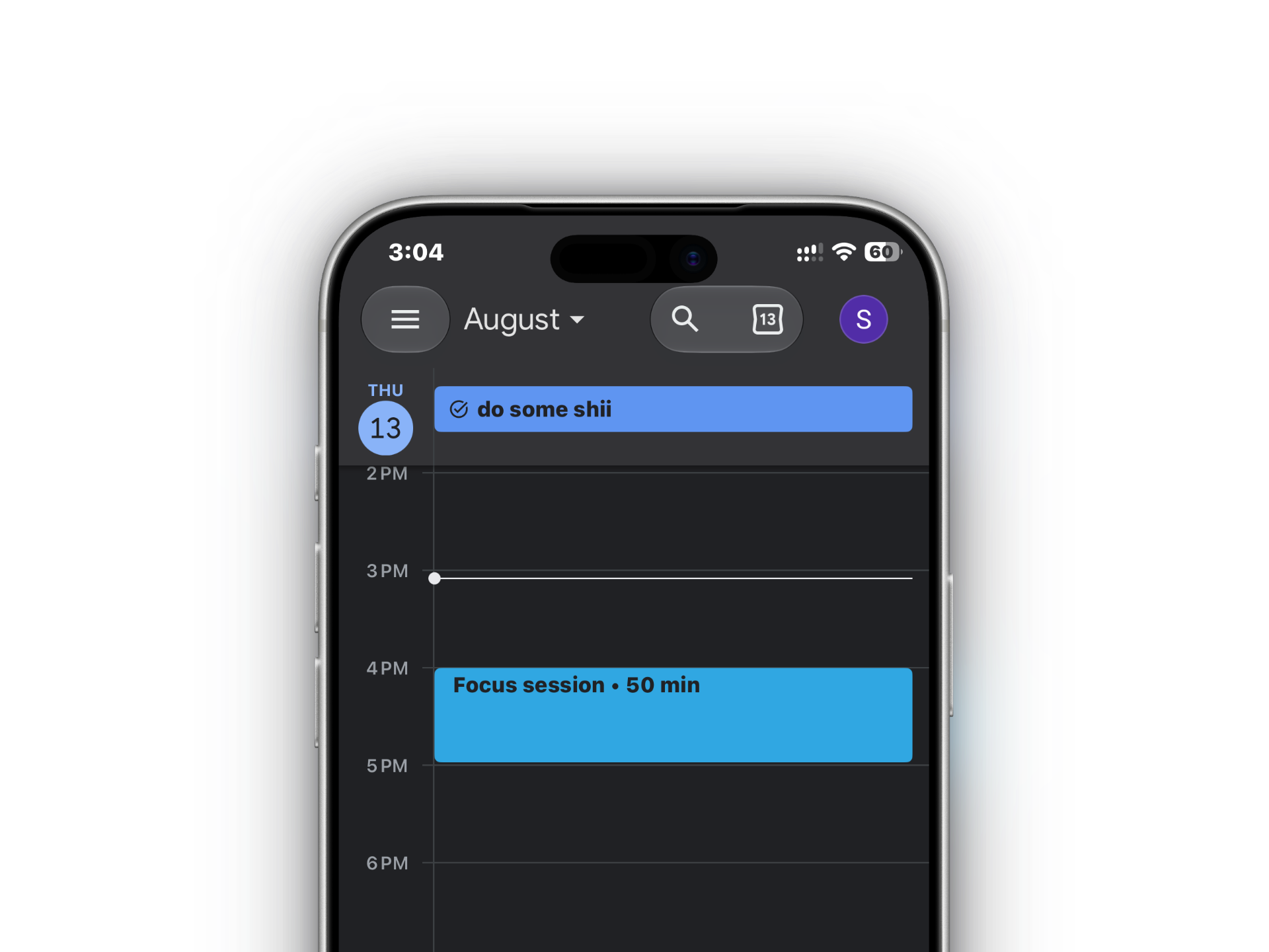 Google Calendar on a phone showing a Tenvilo focus session
